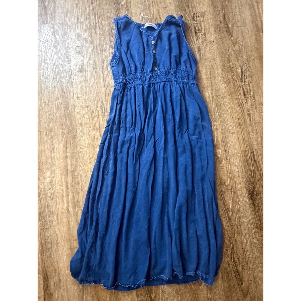 Lapogee Blue Rayon Smocked Waist Midi Dress Sleeveless Henley Size L
